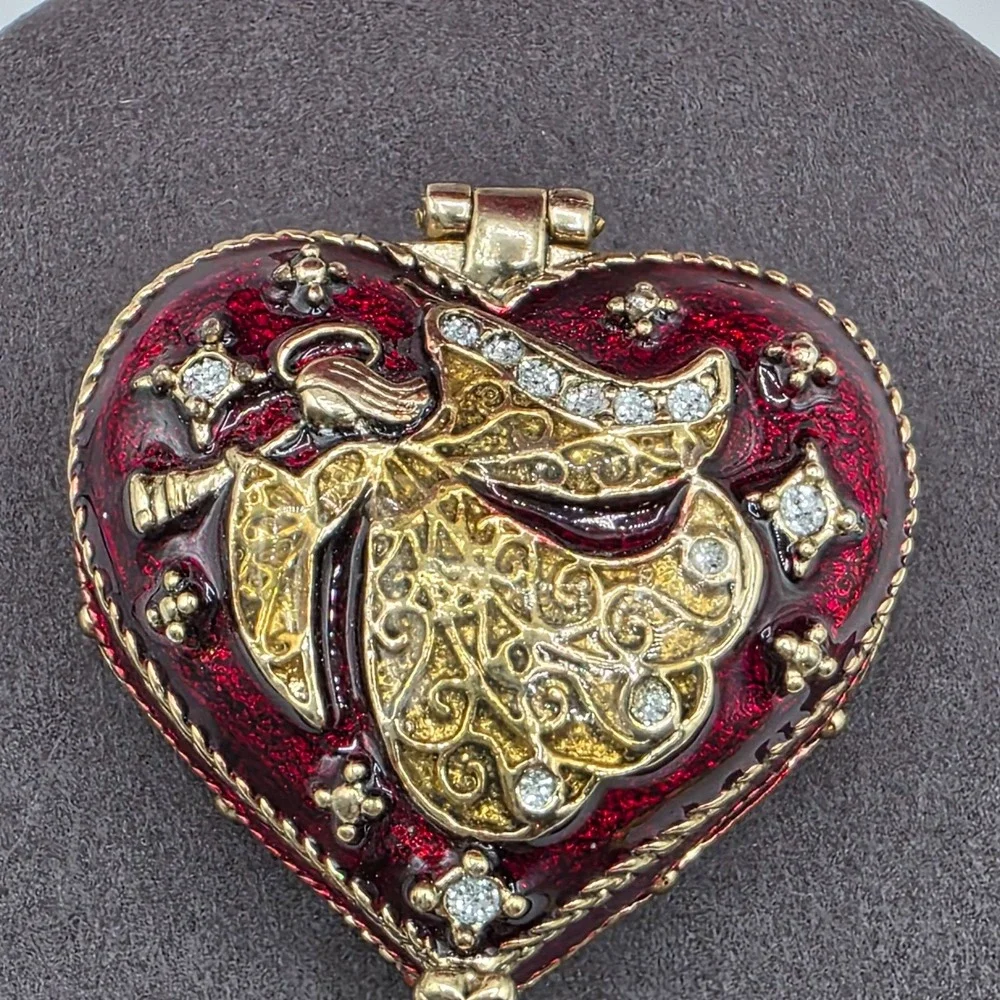 Monet Heart Hinged Trinket Box Red Gold Filigree Crystals Jewelry‎ Keepsake
